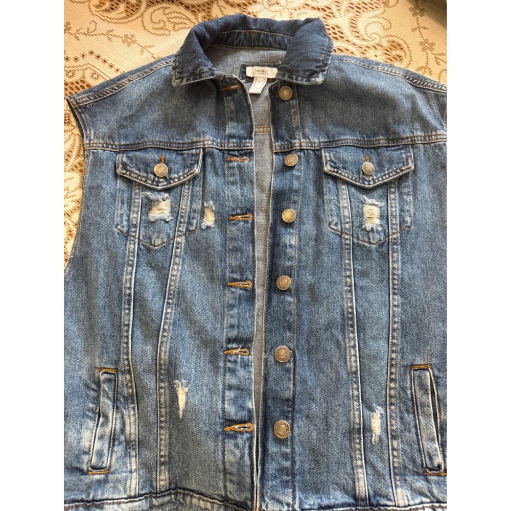 Forever 21 Premium Distressed Denim Vest Medium Wash Jean Jacket Womens XS